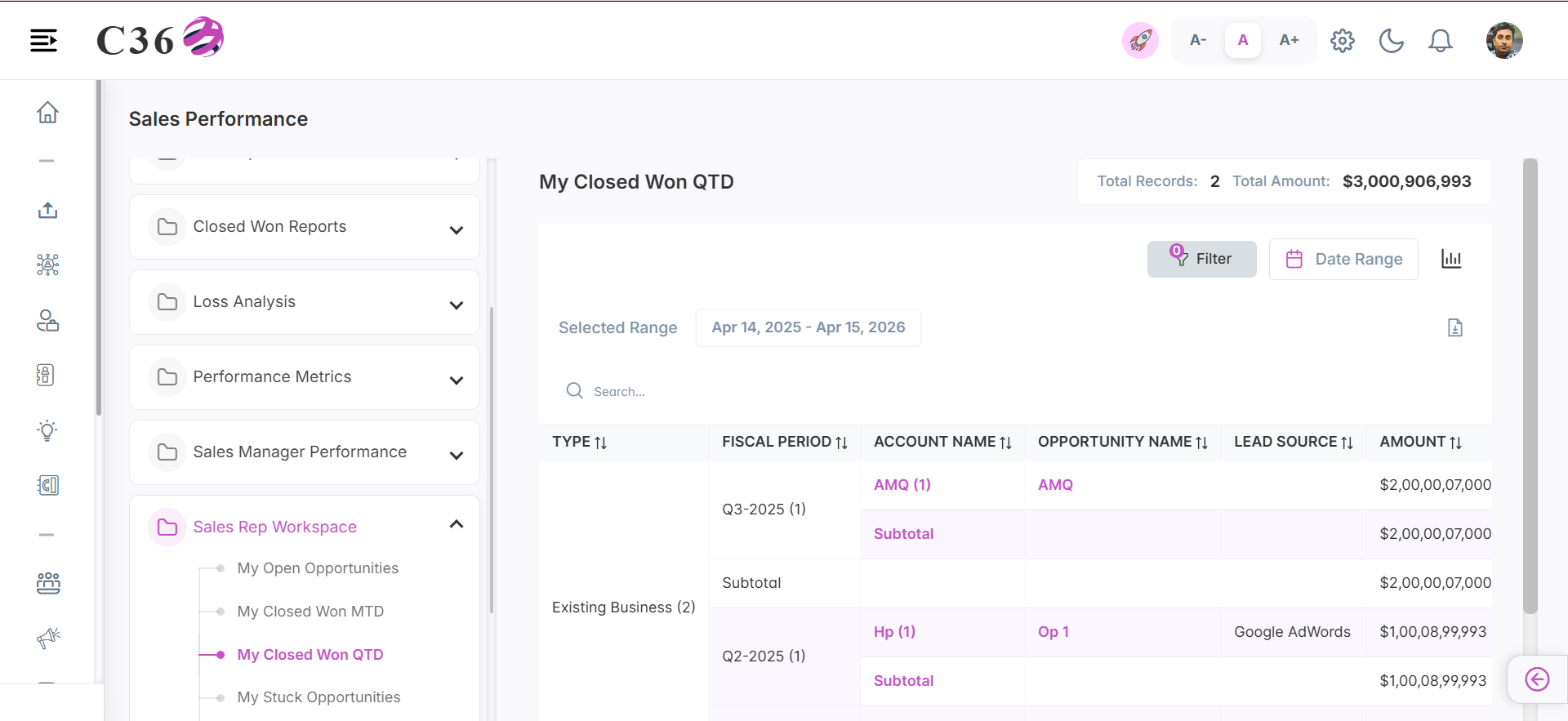 my closed won qtd