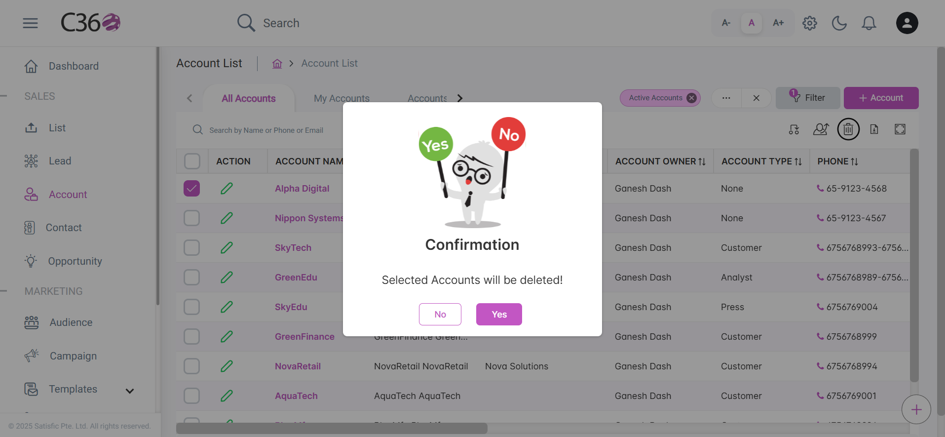 Delete action for selected account