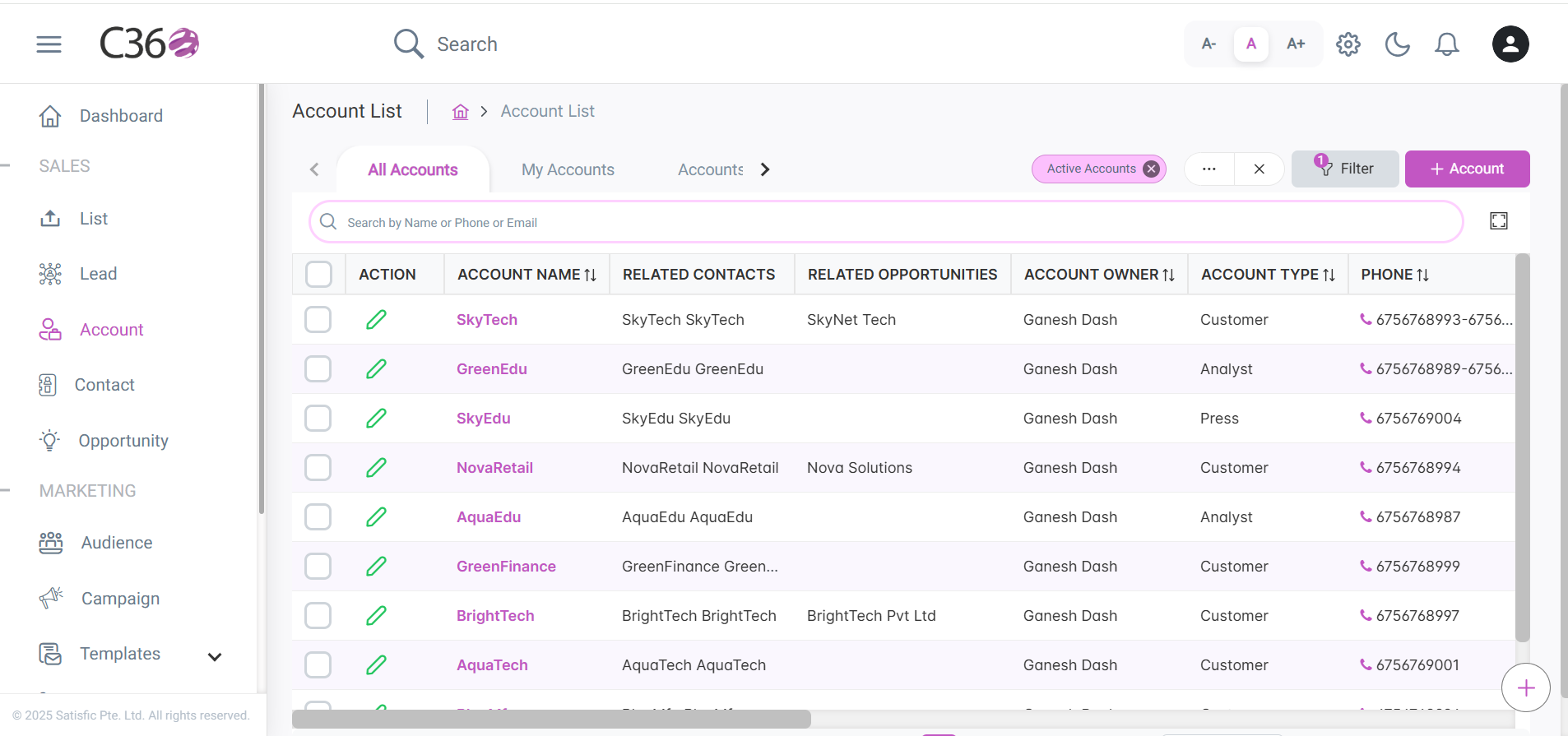 Account list with sortable columns and actions