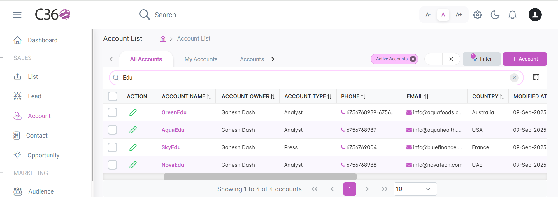 Search bar for Account