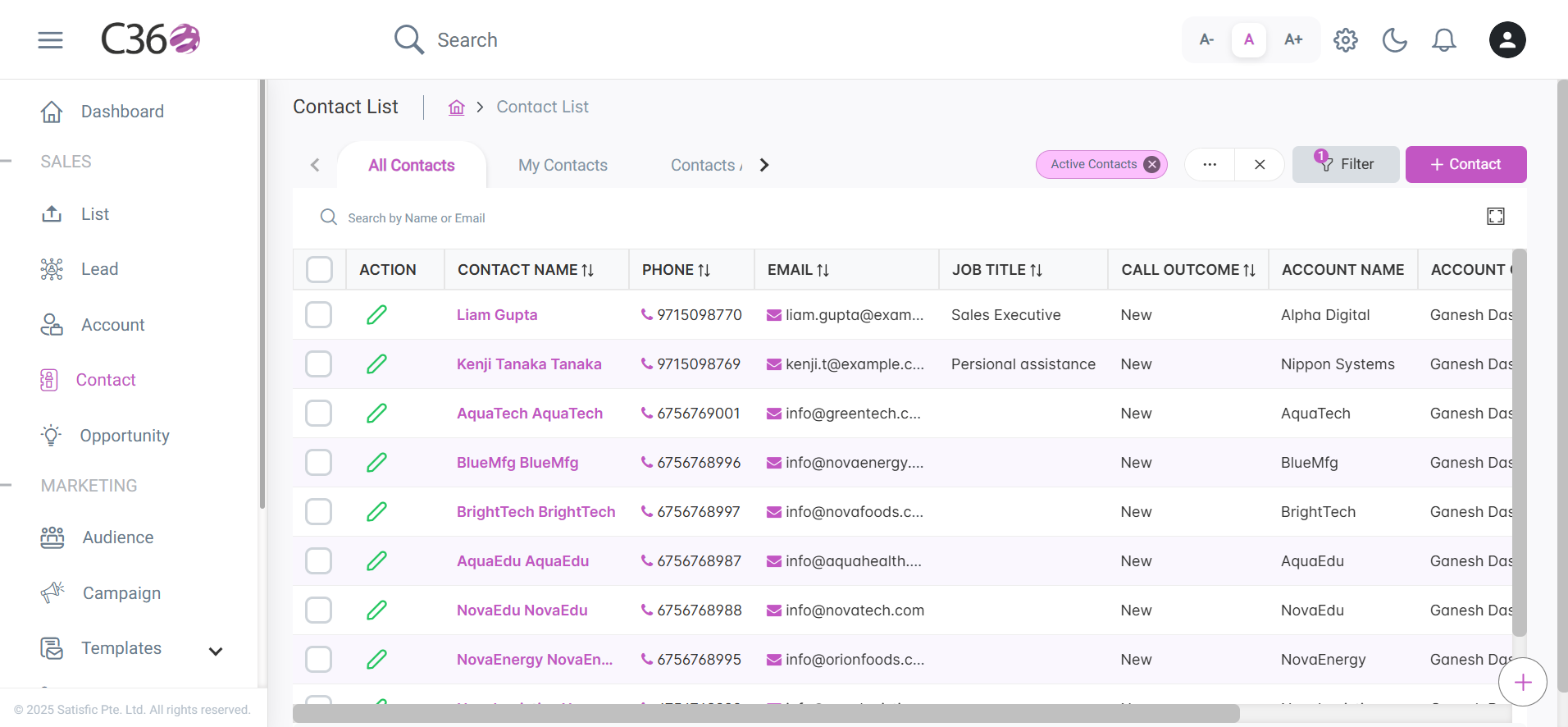 Delete action for selected contacts