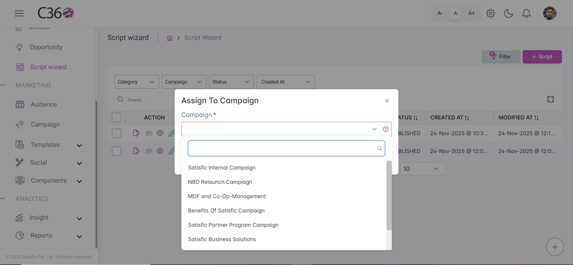 Assign script to campaign or lead