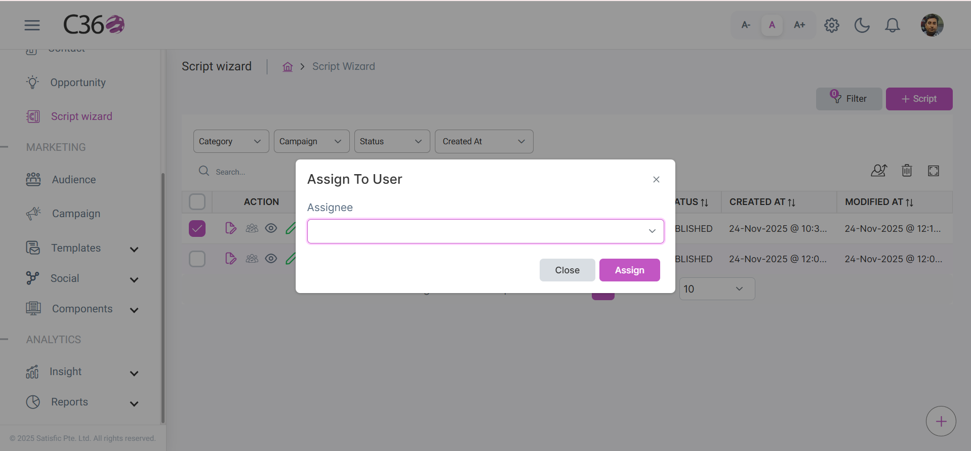Assign script to campaign or user