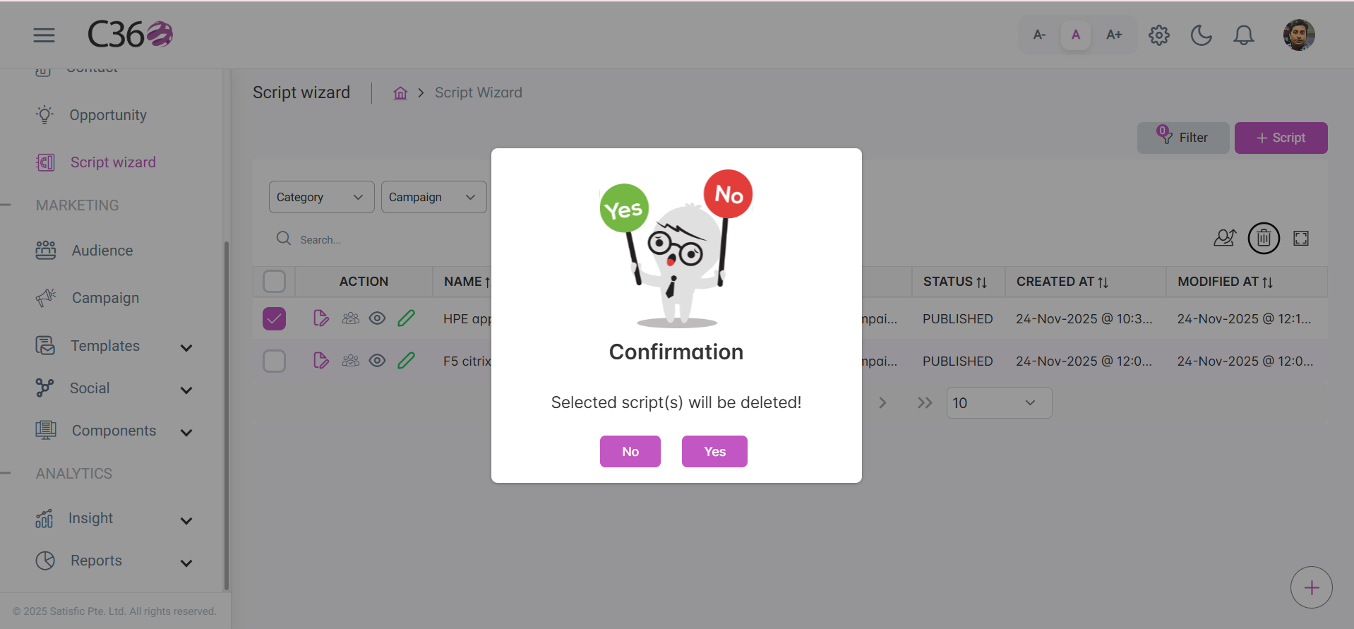 Delete action for scripts