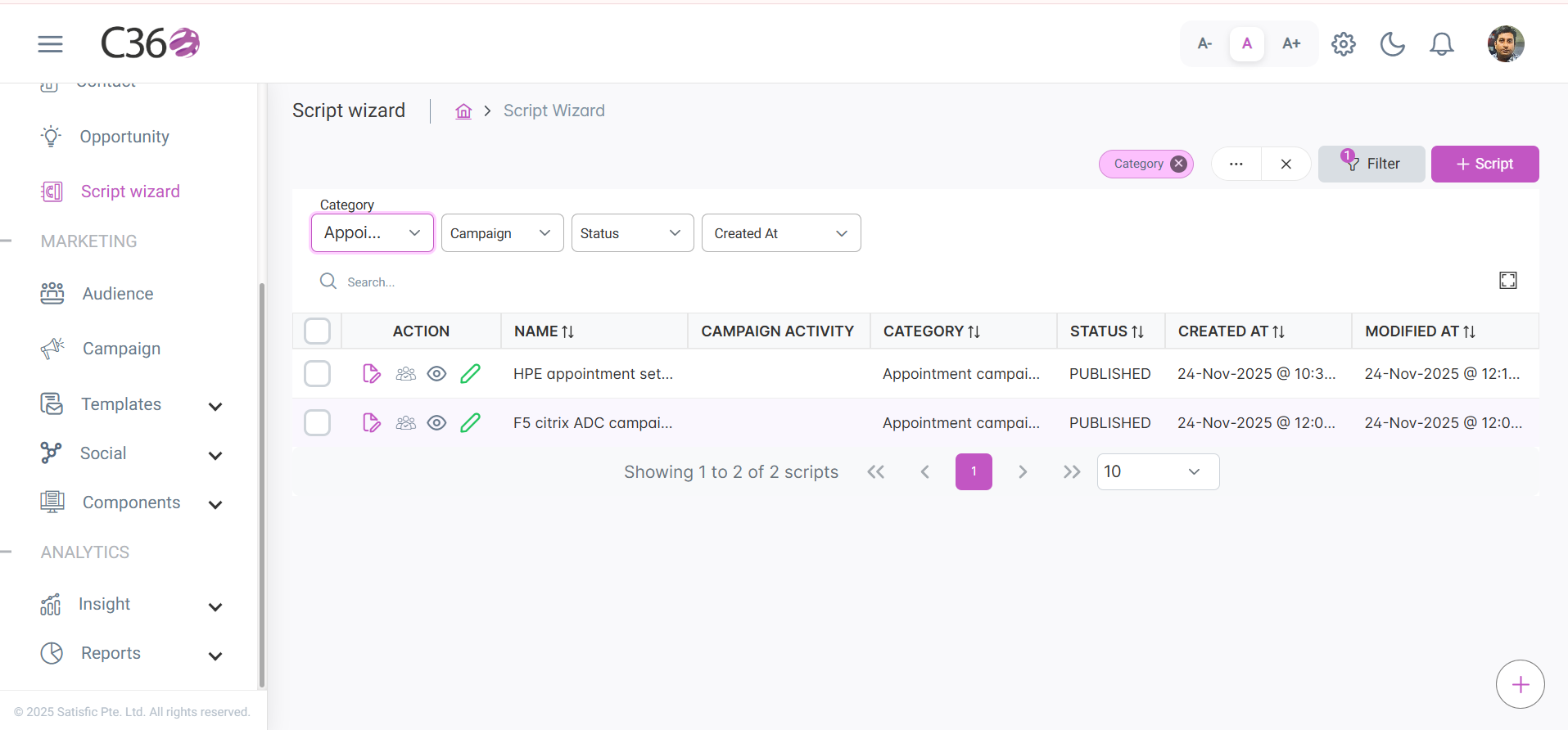 Filter panel for scripts