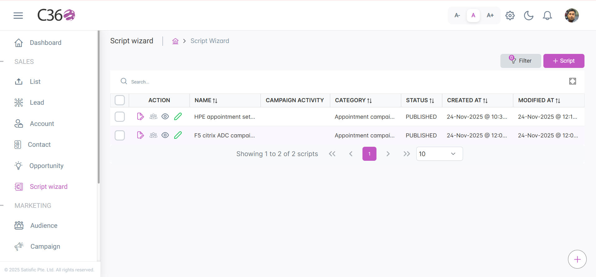 Script Wizard list view