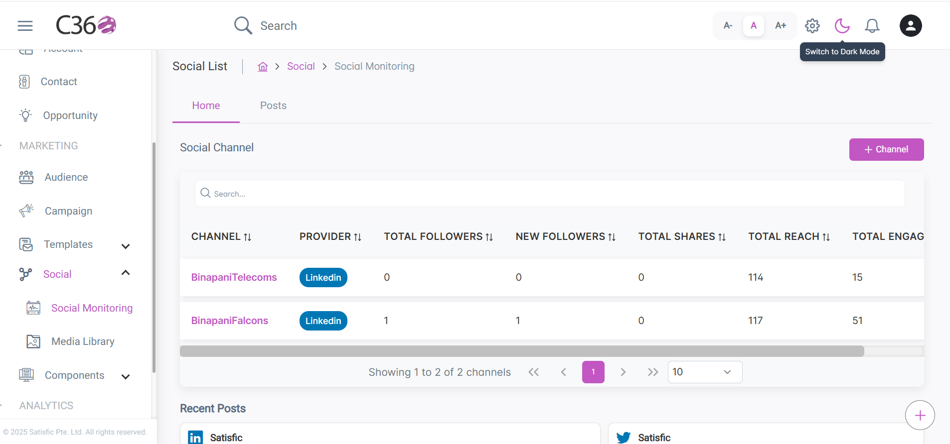 Social monitoring channels list