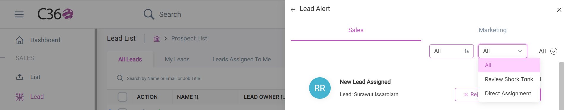 Filter lead alerts by assignment type