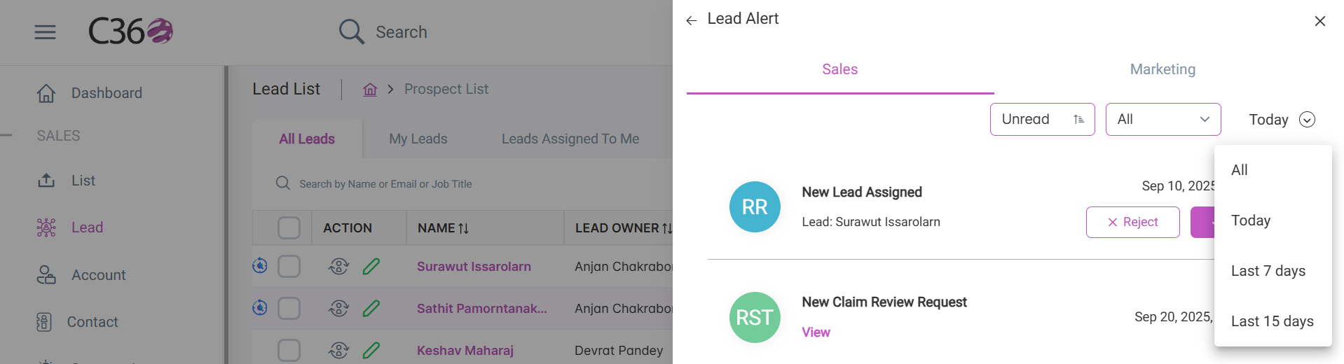 Filter lead alerts by time period