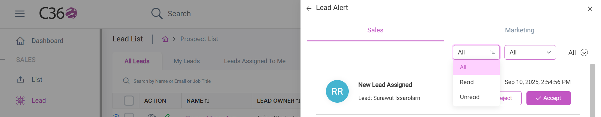 Filter lead alerts by read/unread status