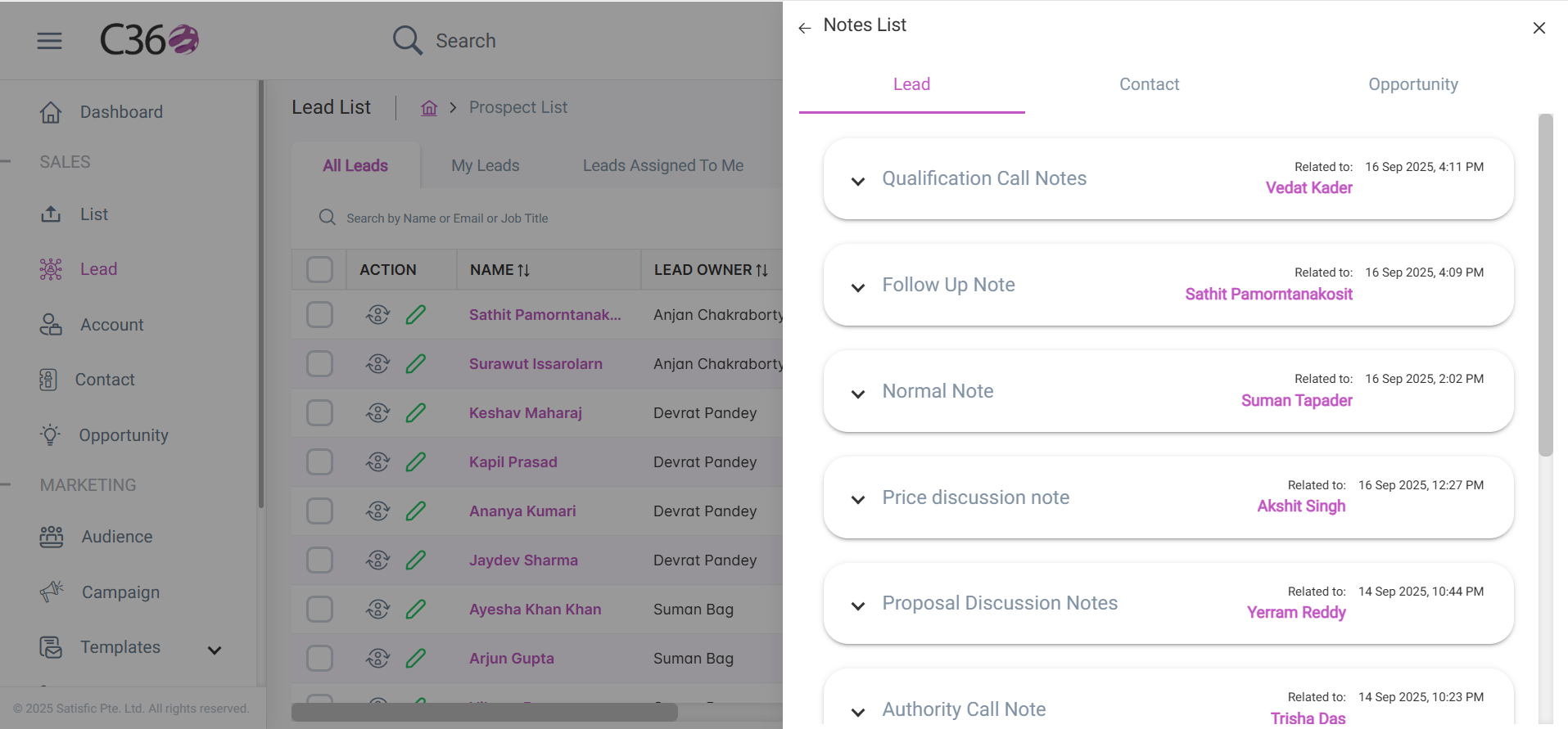 Notes listed under CRM modules