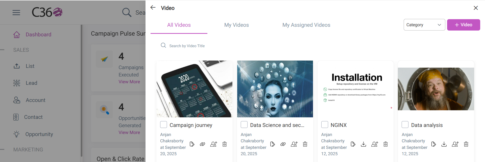 Video list with available actions