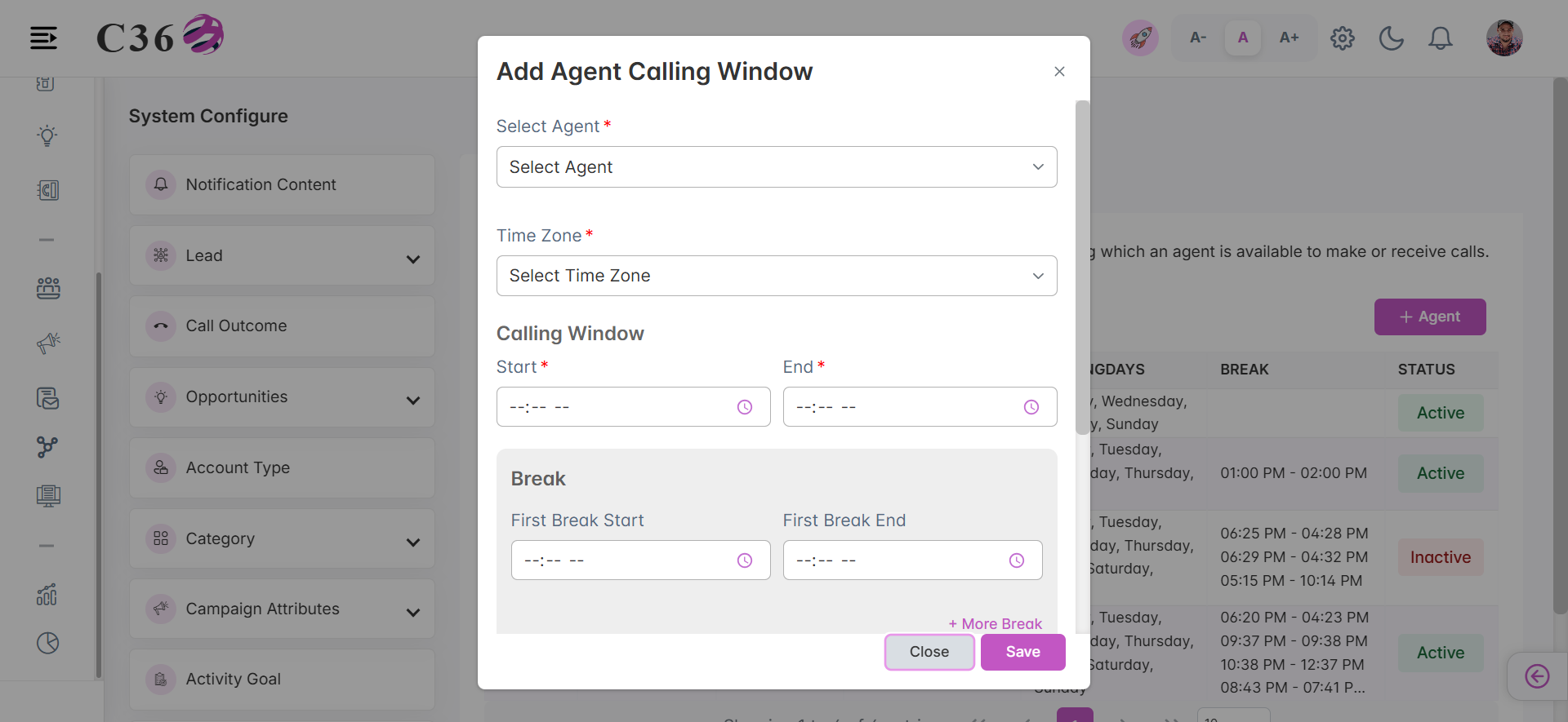 AAdd gent Calling Window Configuration