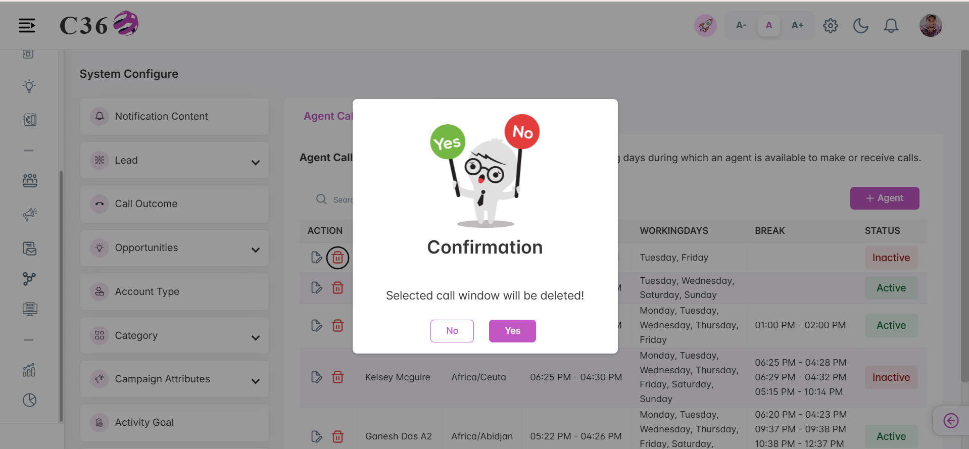 Delete Agent Calling Window Configuration