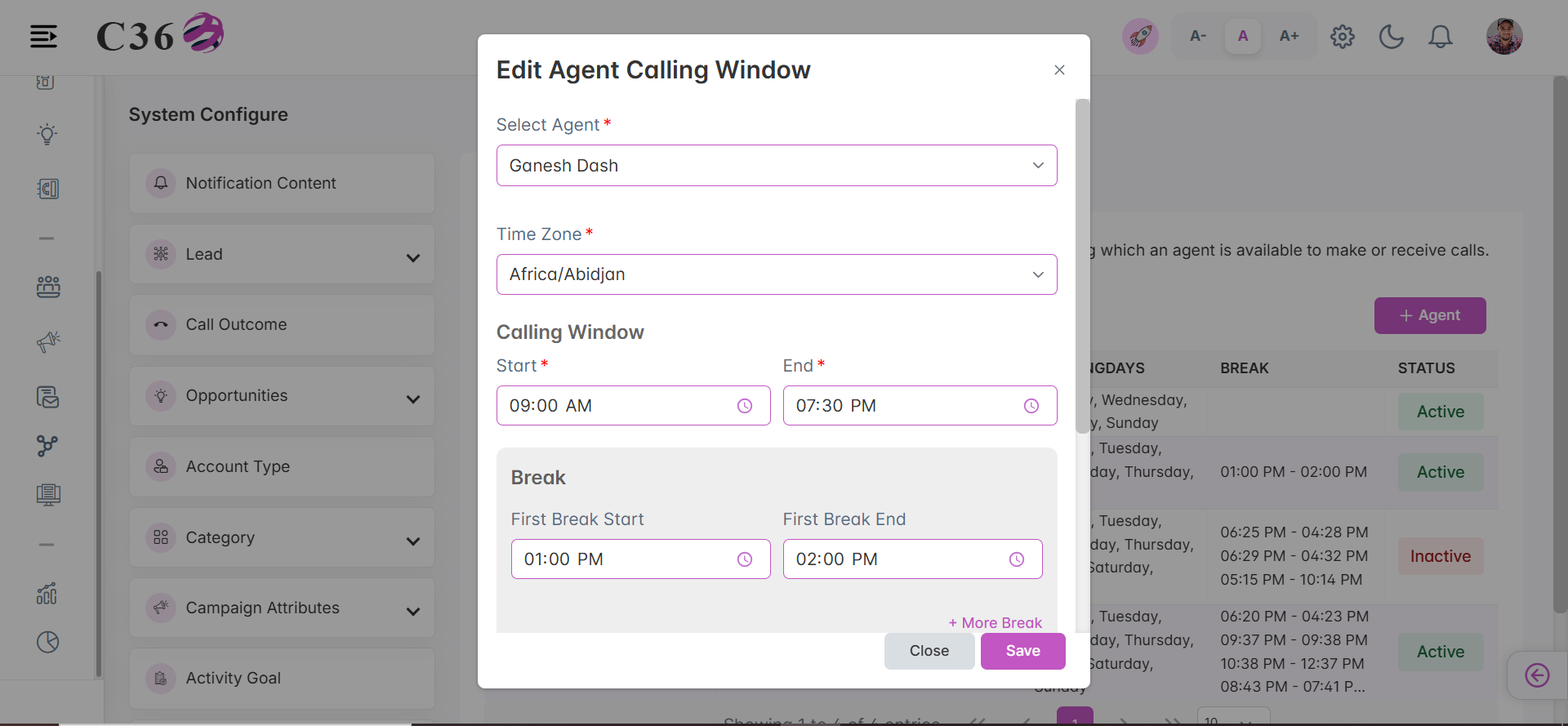 Update Agent Calling Window Configuration