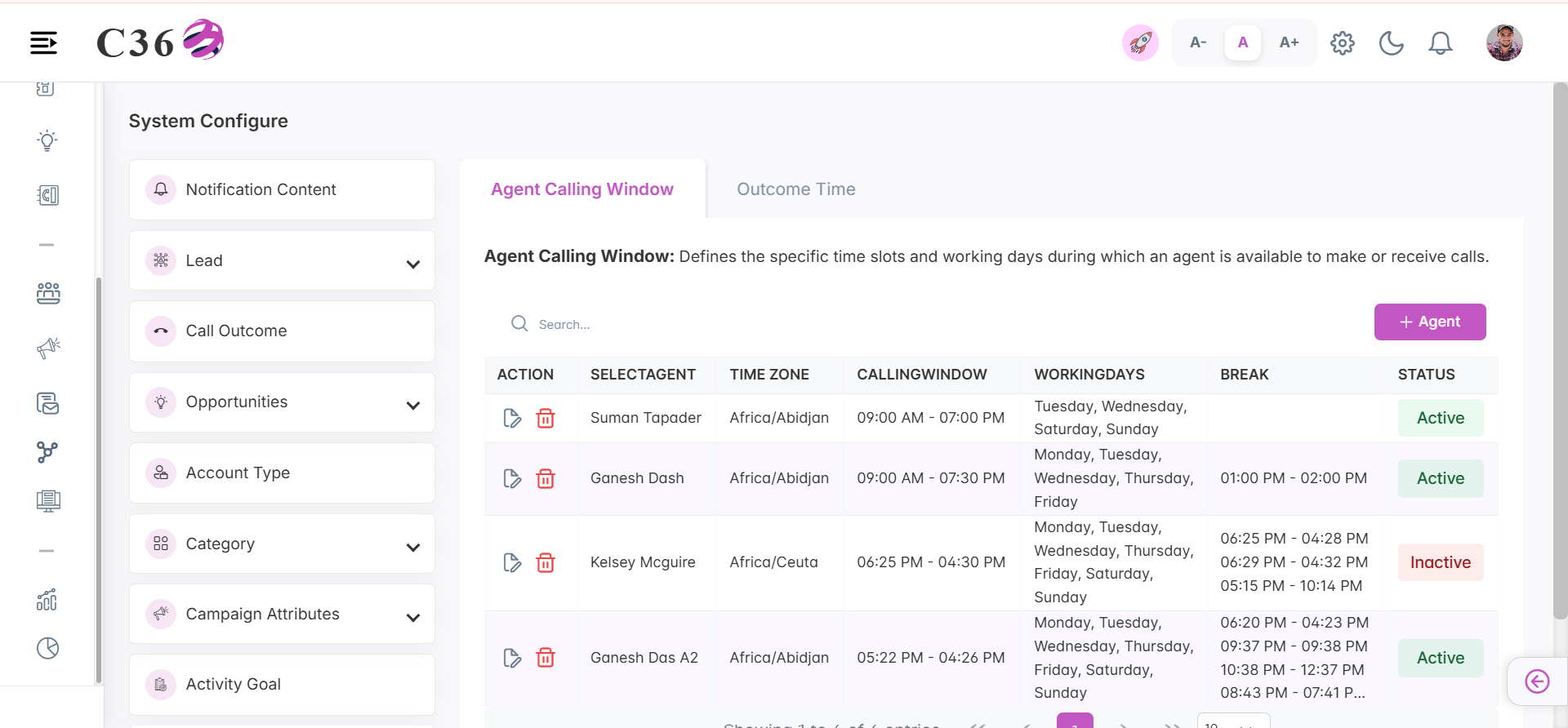 Agent Calling Window Configuration