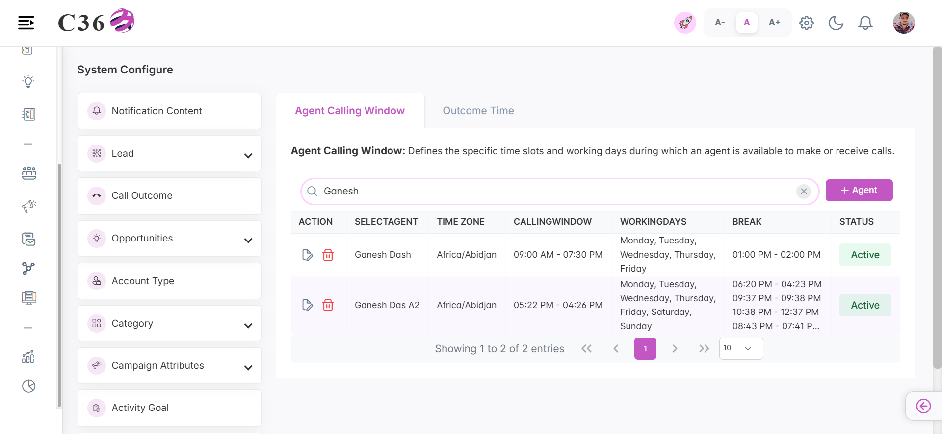 Search Agent Calling Window Configuration